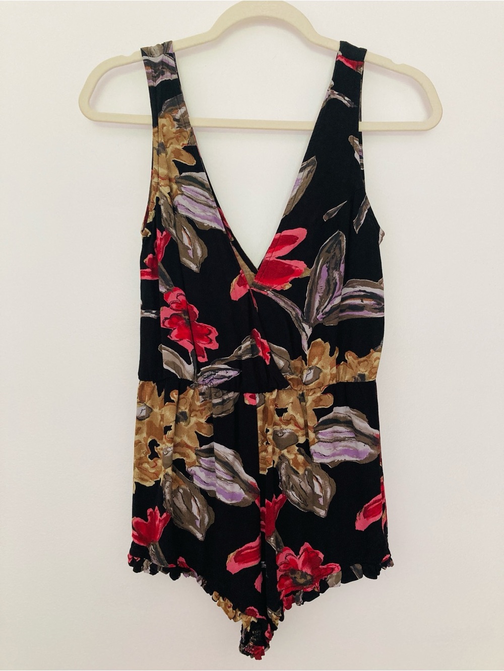 Free People Floral Black V-Neck Romper with Red, Gold & Lavender Print Size XS